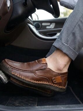Men's Brown Leather Slip-On Loafers with Contrast Stitching